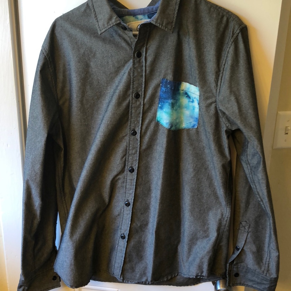 On The Byas Large shirt. grey with galaxy pattern